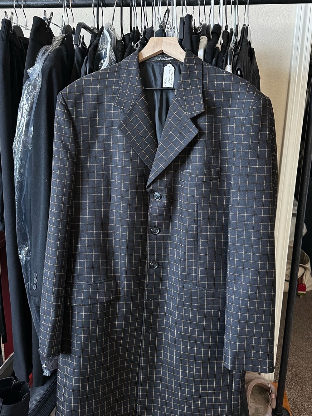 VINTAGE Men's Windowpane Overcoat - Black with Brown Check